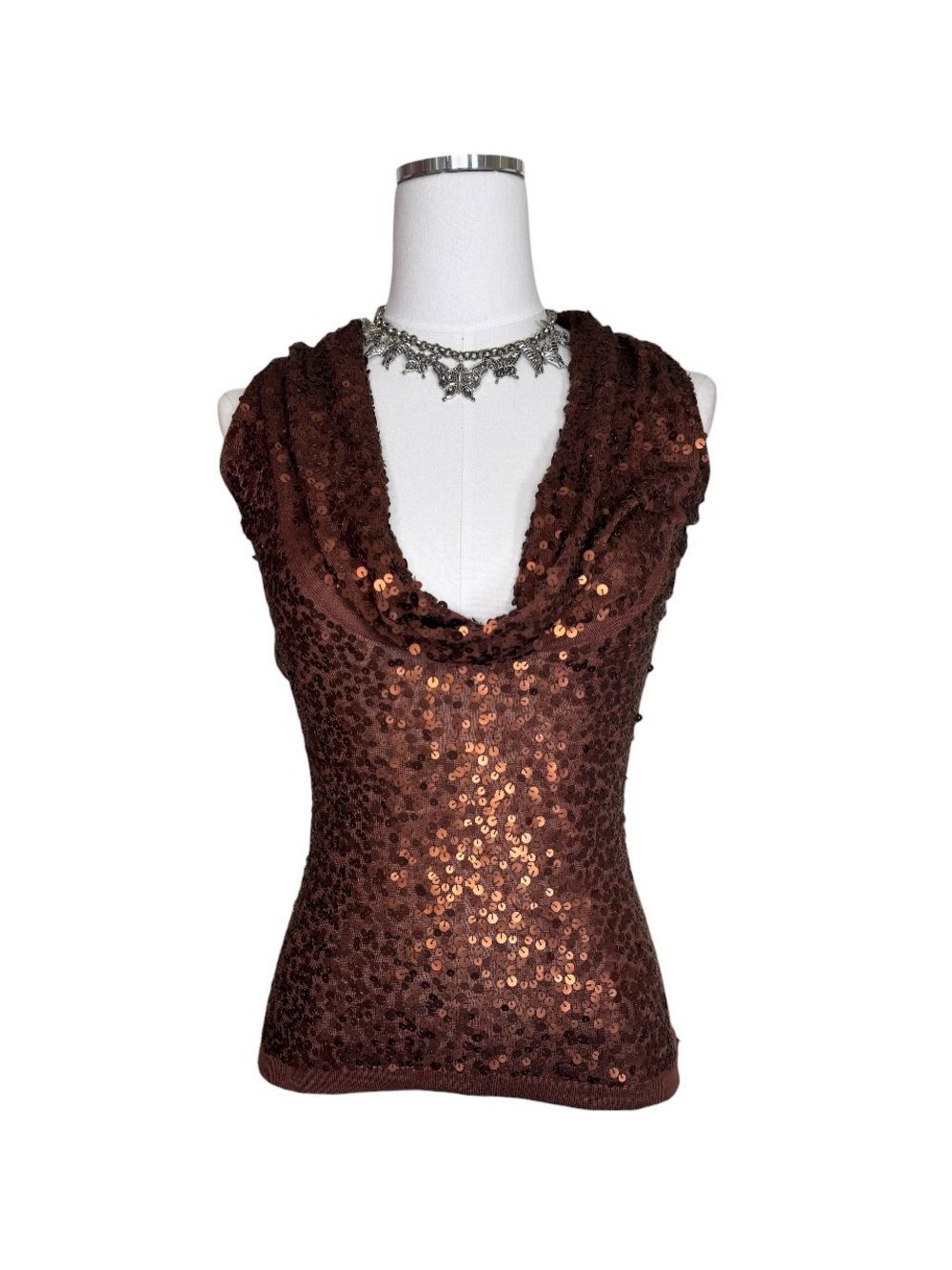 Y2K BCBGMaxazaria Brown Sequin Cowl Knit Neck Top Size Extra Small